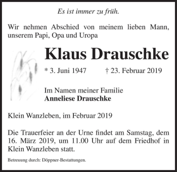 Traueranzeige von Klaus Drauschke  von Magdeburger Volksstimme