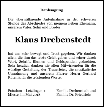 Traueranzeige von Klaus Drebenstedt  von Magdeburger Volksstimme