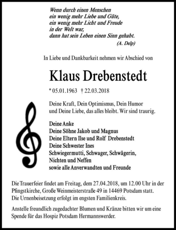 Traueranzeige von Klaus Drebenstedt  von Magdeburger Volksstimme