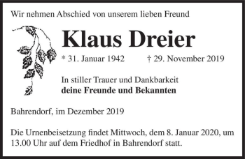 Traueranzeige von Klaus Dreier  von Magdeburger Volksstimme
