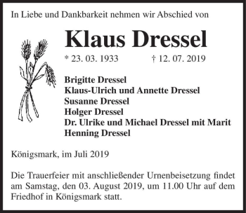 Traueranzeige von Klaus Dressel  von Magdeburger Volksstimme