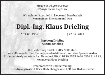 Traueranzeige von Klaus Drieling  von Magdeburger Volksstimme