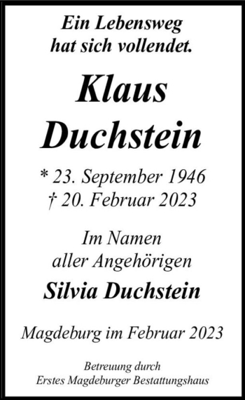 Traueranzeige von Klaus Duchstein  von Magdeburger Volksstimme