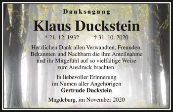 Traueranzeige von Klaus Duckstein  von Magdeburger Volksstimme