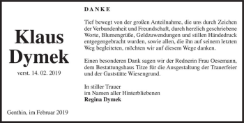 Traueranzeige von Klaus Dymek  von Magdeburger Volksstimme