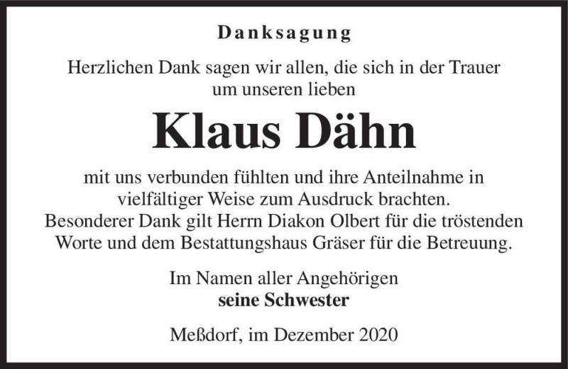  Traueranzeige für Klaus Dähn  vom 23.12.2020 aus Magdeburger Volksstimme