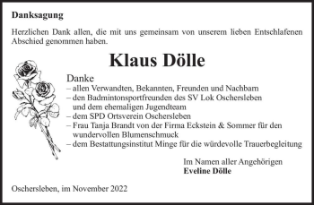 Traueranzeige von Klaus Dölle  von Magdeburger Volksstimme