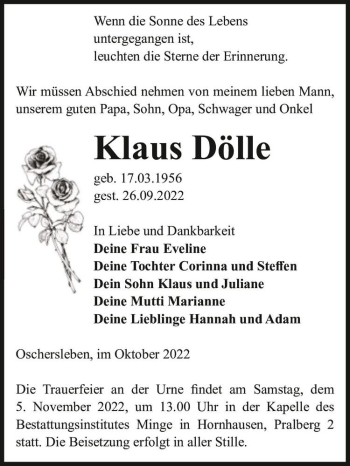 Traueranzeige von Klaus Dölle  von Magdeburger Volksstimme