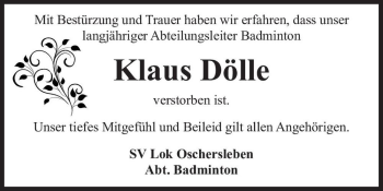 Traueranzeige von Klaus Dölle  von Magdeburger Volksstimme