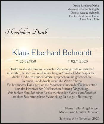 Traueranzeige von Klaus Eberhard Behrendt  von Magdeburger Volksstimme