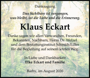 Traueranzeige von Klaus Eckart  von Magdeburger Volksstimme