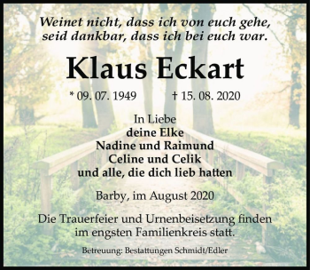 Traueranzeige von Klaus Eckart  von Magdeburger Volksstimme