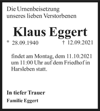 Traueranzeige von Klaus Eggert  von Magdeburger Volksstimme