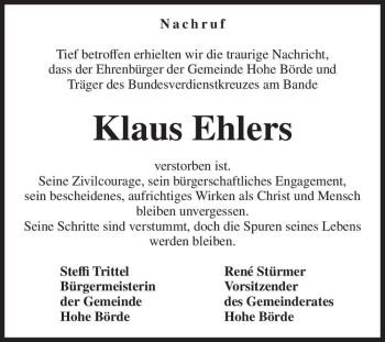 Traueranzeige von Klaus Ehlers  von Magdeburger Volksstimme