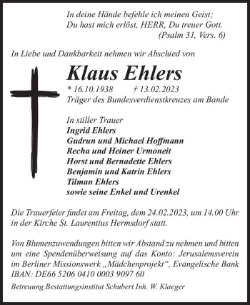 Traueranzeige von Klaus Ehlers  von Magdeburger Volksstimme