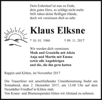 Traueranzeige von Klaus Elksne  von Magdeburger Volksstimme