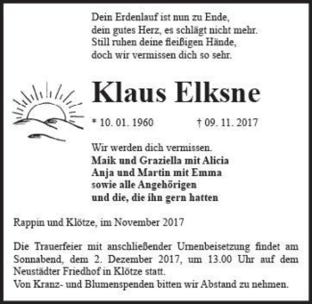 Traueranzeige von Klaus Elksne  von Magdeburger Volksstimme