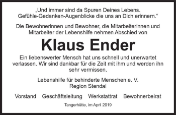 Traueranzeige von Klaus Ender  von Magdeburger Volksstimme