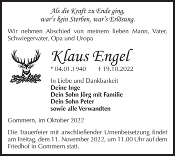 Traueranzeige von Klaus Engel  von Magdeburger Volksstimme
