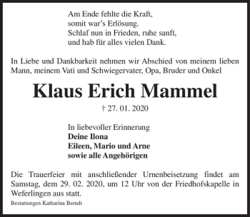 Traueranzeige von Klaus Erich Mammel  von Magdeburger Volksstimme