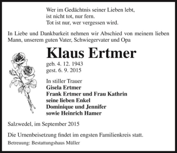 Traueranzeige von Klaus Ertmer  von Magdeburger Volksstimme