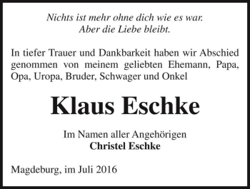 Traueranzeige von Klaus Eschke  von Magdeburger Volksstimme