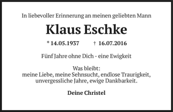 Traueranzeige von Klaus Eschke  von Magdeburger Volksstimme
