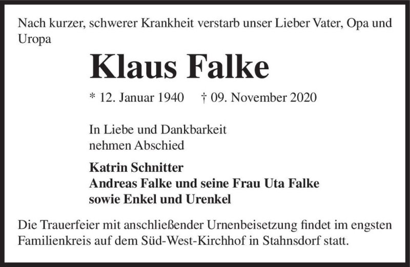  Traueranzeige für Klaus Falke  vom 28.11.2020 aus Magdeburger Volksstimme