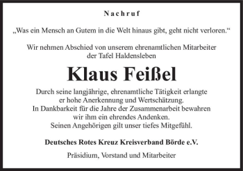 Traueranzeige von Klaus Feißel  von Magdeburger Volksstimme