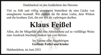 Traueranzeige von Klaus Feißel  von Magdeburger Volksstimme