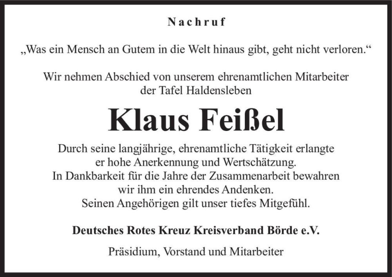  Traueranzeige für Klaus Feißel  vom 05.06.2021 aus Magdeburger Volksstimme