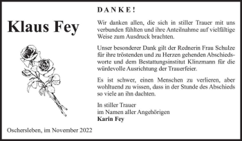 Traueranzeige von Klaus Fey  von Magdeburger Volksstimme