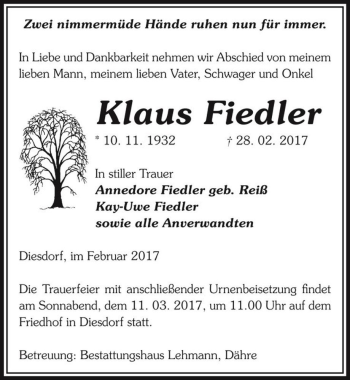 Traueranzeige von Klaus Fiedler  von Magdeburger Volksstimme
