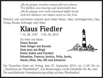 Traueranzeige von Klaus Fiedler  von Magdeburger Volksstimme
