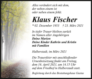 Traueranzeige von Klaus Fischer  von Magdeburger Volksstimme