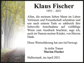Traueranzeige von Klaus Fischer  von Magdeburger Volksstimme