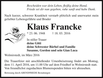 Traueranzeige von Klaus Francke  von Magdeburger Volksstimme
