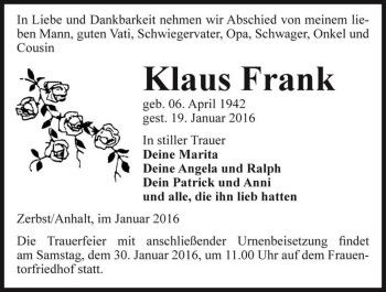 Traueranzeige von Klaus Frank  von Magdeburger Volksstimme