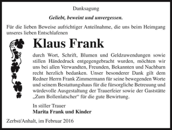 Traueranzeige von Klaus Frank  von Magdeburger Volksstimme