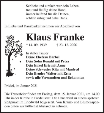 Traueranzeige von Klaus Franke  von Magdeburger Volksstimme
