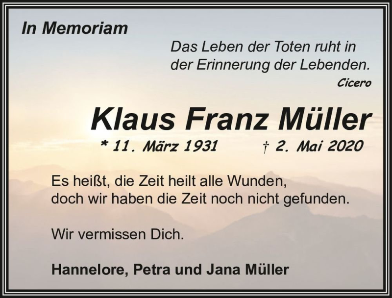  Traueranzeige für Klaus Franz Müller  vom 30.04.2021 aus Magdeburger Volksstimme