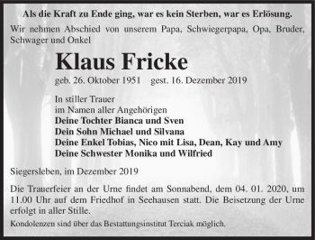 Traueranzeige von Klaus Fricke  von Magdeburger Volksstimme
