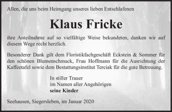 Traueranzeige von Klaus Fricke  von Magdeburger Volksstimme