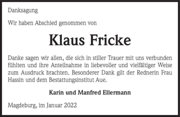 Traueranzeige von Klaus Fricke  von Magdeburger Volksstimme