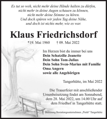 Traueranzeige von Klaus Friedrichsdorf  von Magdeburger Volksstimme