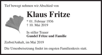 Traueranzeige von Klaus Fritze  von Magdeburger Volksstimme