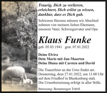 Traueranzeige von Klaus Funke  von Magdeburger Volksstimme