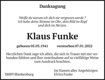 Traueranzeige von Klaus Funke  von Magdeburger Volksstimme