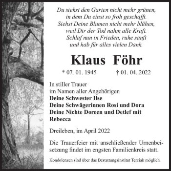 Traueranzeige von Klaus Föhr  von Magdeburger Volksstimme