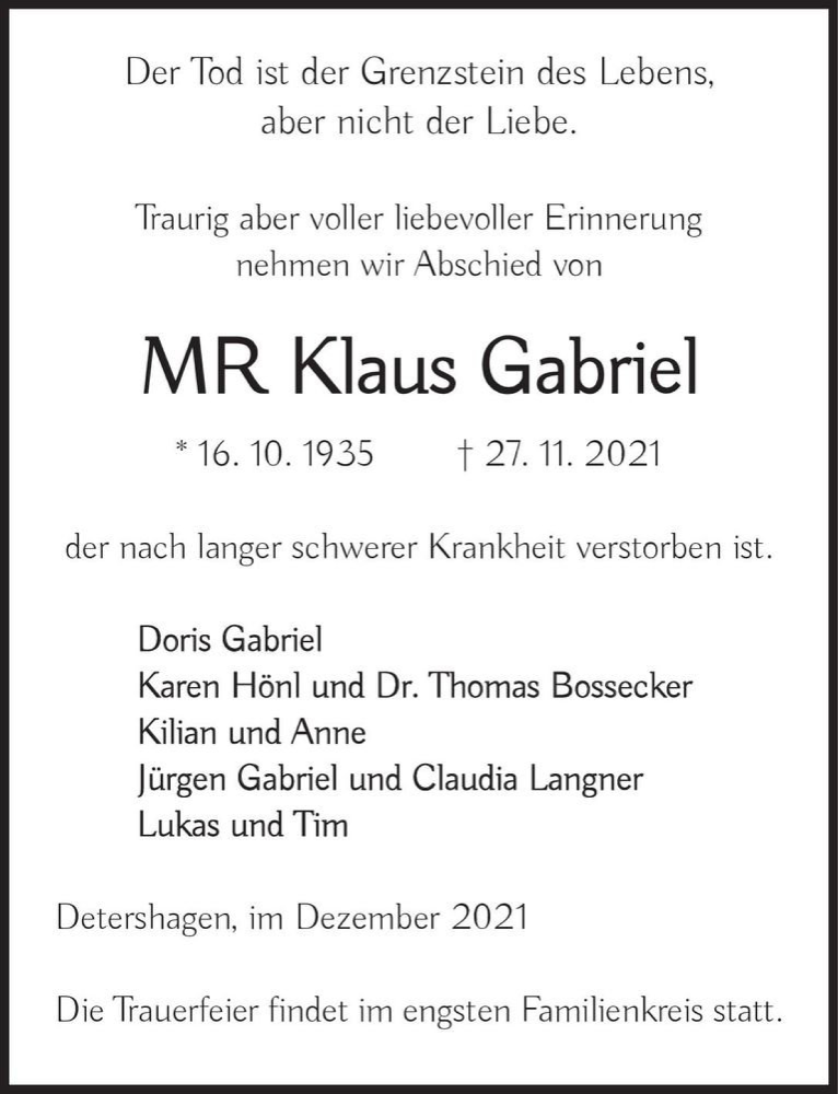  Traueranzeige für Klaus Gabriel  vom 04.12.2021 aus Magdeburger Volksstimme